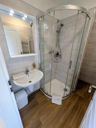 a bathroom with a shower and a sink at Apartmány U Zvoničky in Prachov