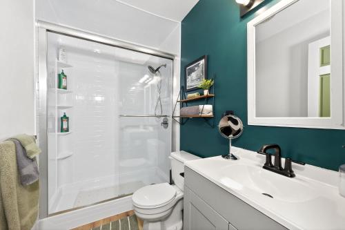 a bathroom with a toilet and a sink and a shower at King Bed, Walk or Bike to town, EV, Pets OK in Ellicottville