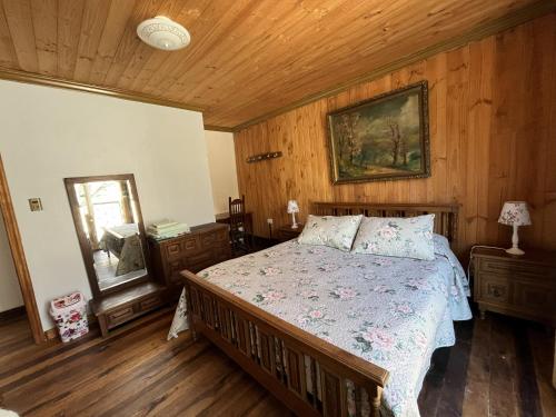 a bedroom with a bed and a wooden ceiling at Hostal Casa Rosada, Valle del Elqui in Rivadavia