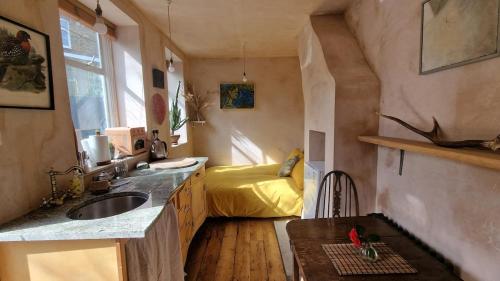 a kitchen with a sink and a yellow bed in it at Private studio New Cross patio garden in London