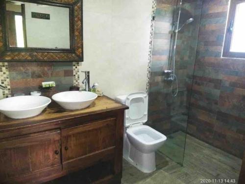 a bathroom with a sink and a toilet and a shower at Luxury Villa Heated Pool, Firepit & Pool Table in Arroyo Frío
