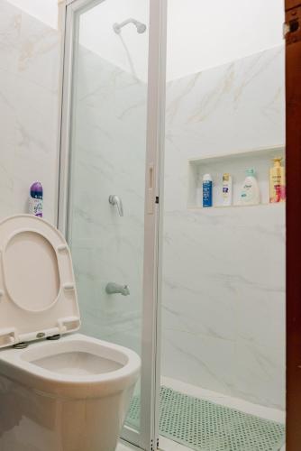 a bathroom with a toilet and a shower at Nottingham Villa in Puerto Princesa