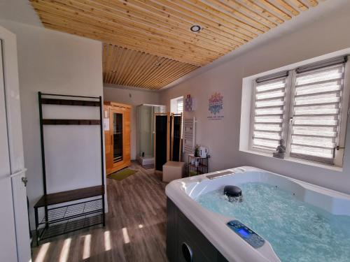 a large bath tub in a room with a window at Évasion Relaxante 4 personnes Spa, sauna et calme 