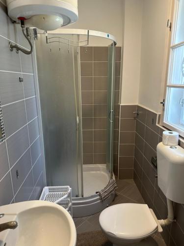 a bathroom with a shower and a toilet and a sink at Prenoćiste Casa Bella & Nova in Palić