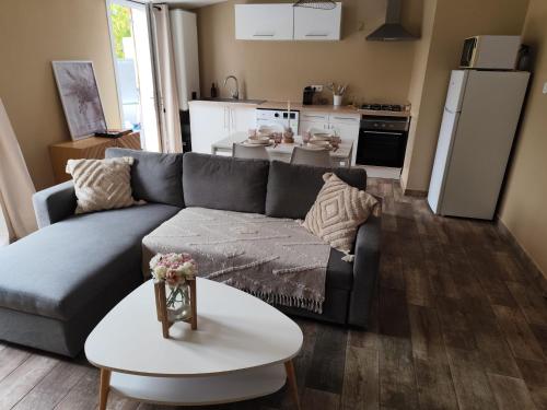 un salon avec un canapé et une cuisine dans l'établissement Petite maison de charme, à LʼIsle-sur-la-Sorgue