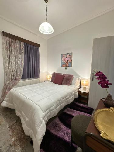 a bedroom with a large white bed and a window at Lydias house II in Arachova