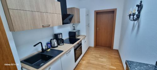 een kleine keuken met een spoelbak en een fornuis bij Casaba Suite 2-150qm-4 Rooms-Free Private Parking-House with garden in Hannover