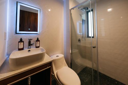 a bathroom with a sink and a shower at Casa Castillo Condesa in Mexico City