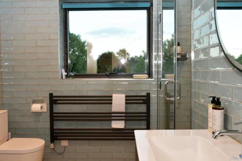 a bathroom with a sink and a toilet and a window at Dingle Dell in Great Driffield