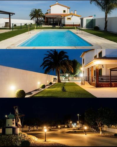 two pictures of a house and a swimming pool at night at Quinta das Laranjeiras in Marinhais