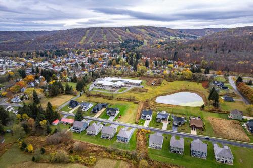 an aerial view of a home with a park at Village Townhouse Walk to Shops Garage in Ellicottville