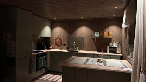 a kitchen with a sink and a counter top at Steineveien 300 in Vestvågøya