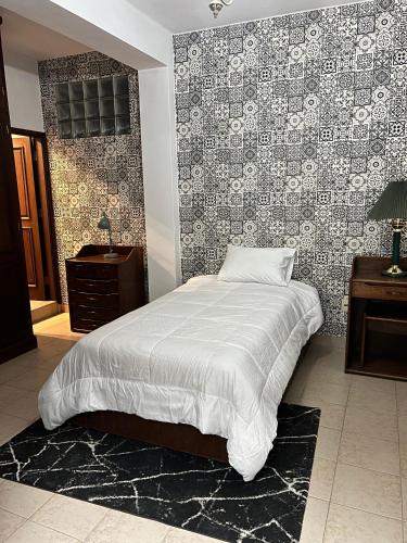 ein Schlafzimmer mit einem großen Bett und einer Wand in der Unterkunft #3 Departamento de 2 habitaciones en el centro de Tarija! in Tarija