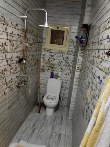 a bathroom with a toilet and a shower at Villa hossam elkady in Maḩaţţat Wardān