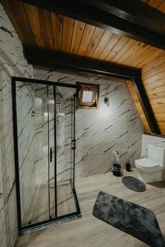 a bathroom with a glass shower and a toilet at Sapanca Özfer Bungalov in Sapanca