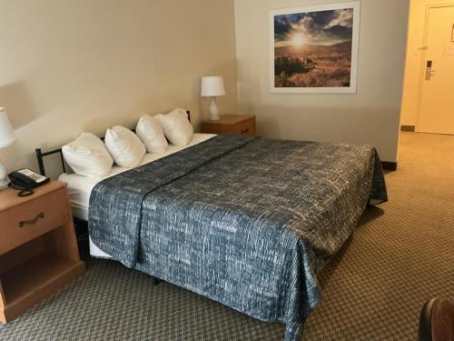 a hotel room with a bed with pillows at Hot Springs Hotel & Spa in Thermopolis