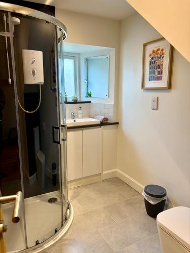 a bathroom with a shower and a sink at Tiny House in Cosy Village in Milnathort