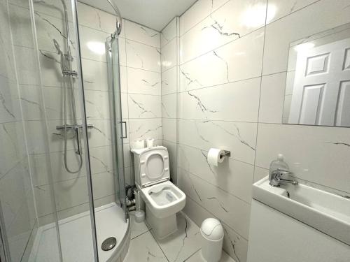 a bathroom with a shower and a toilet and a sink at Finsbury Park Studio Apartments in London