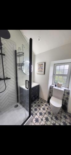 a bathroom with a shower and a toilet and a sink at Kirkgate 2 bed - Coorie Doon Stays in Irvine