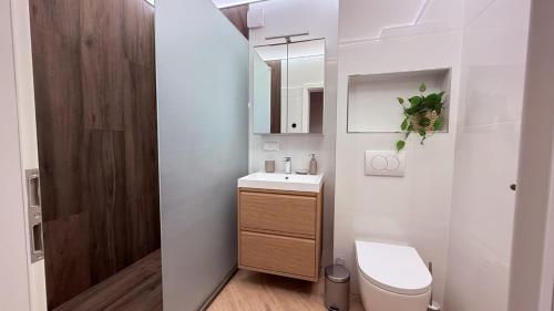 een witte badkamer met een wastafel en een toilet bij Apartments am Schwarzen Berge in Garbsen