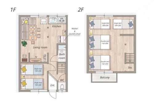 a floor plan and elevation of a condo at oyadoya gifu kano 岐阜駅徒歩12分 名古屋駅35分 大人数貸切 最大8名 駐車場有り in Gifu