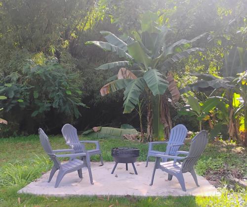 a group of four chairs sitting on a patio at Zen Den Nature Retreat on a River in Rincon