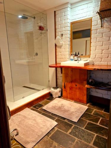 a bathroom with a shower and a sink and a mirror at The Stone Cottage - Bruny Island in Simpsons Bay