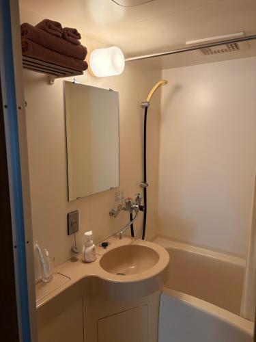 a bathroom with a sink and a mirror at フューデイズコンドミニアム定山渓206号室 in Jozankei