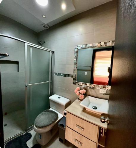 a bathroom with a toilet and a sink and a shower at Apartamento de lujo in Ibarra