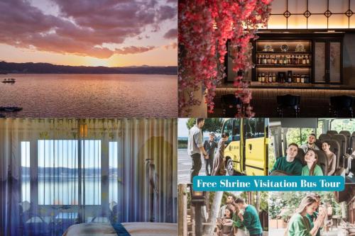 a collage of photos of a fire untrue wedding bus tour at Kamisuwa Onsen Shinyu in Suwa