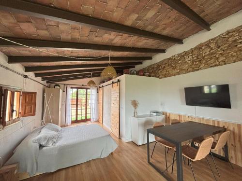 a bedroom with a bed and a table and a tv at Cabernet Rural in Sant Jaume dels Domenys
