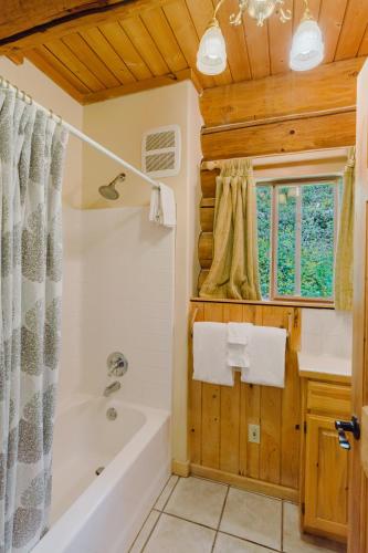 a bathroom with a bath tub and a window at Alta Crystal Resort in Greenwater