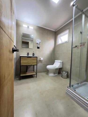 a bathroom with a toilet and a glass shower at La Magnolia Aldea Molco in Villarrica