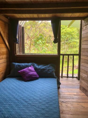 a bed with purple pillows in a room with a window at Finca MamaChakra - Cabañas - Camping in Cumandá