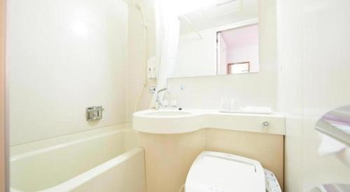 HaguroにあるInuyama Central Hotelの洗面台、トイレ、鏡のあるバスルーム