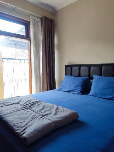 ein Bett mit blauer Bettwäsche und ein Fenster in einem Schlafzimmer in der Unterkunft Tropical Homestay of Balirejo in Demangan