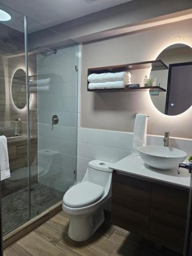 a bathroom with a toilet and a sink and a shower at L'Aurora Apart in Estación Pamplona