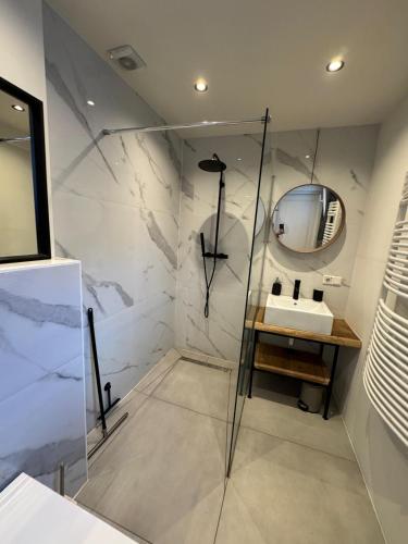 a bathroom with a glass shower and a sink at Cozy apartment in Utrecht in Utrecht