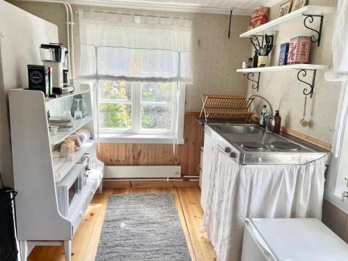 une petite cuisine avec un évier et une fenêtre dans l'établissement Country Escape, Cozy Village Cottage, à Falun