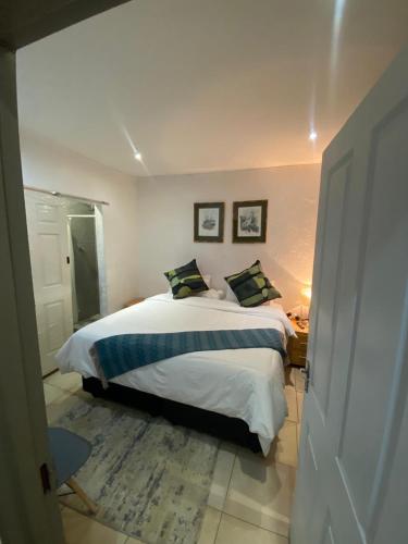 a bedroom with a large white bed with two pillows at Russell's Rest Apartments in Johannesburg
