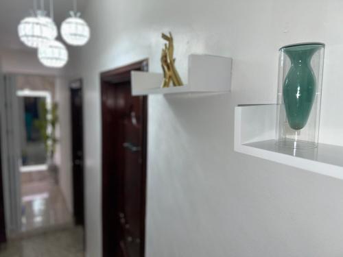 un vase vert assis sur une étagère dans une pièce dans l'établissement Casa de Las Muñecas Recovery House, à Saint-Domingue