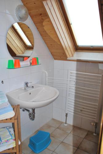 クアオルト・オーバーヴィーゼンタールにあるFerienhaus Keilbergblickの洗面台と鏡のあるバスルーム