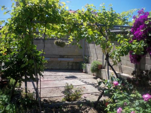 un jardín con una pasarela de piedra y algunas flores en Fuente el Hayedo, en San Vicente de la Barquera