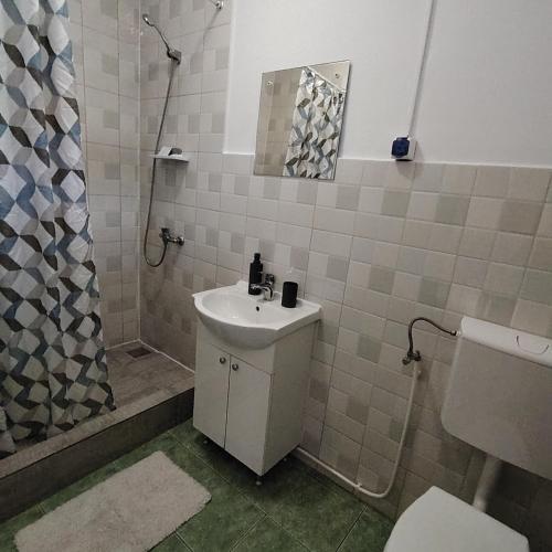 a bathroom with a sink and a shower and a toilet at Cazare Clara Cluj in Cluj-Napoca
