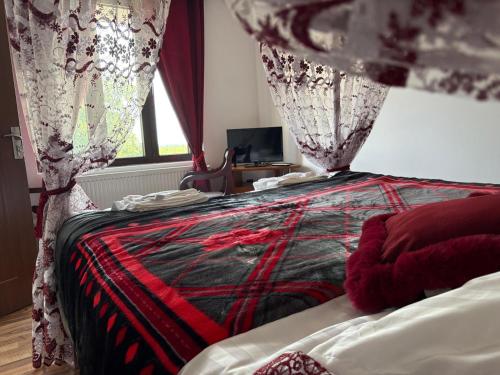 een slaapkamer met een bed met een rode en zwarte deken bij Casa Alecu 