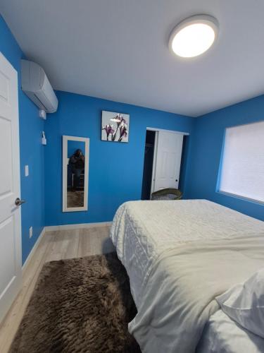 a bedroom with blue walls and a large bed at Work & Lake Guest house at Airport in SeaTac