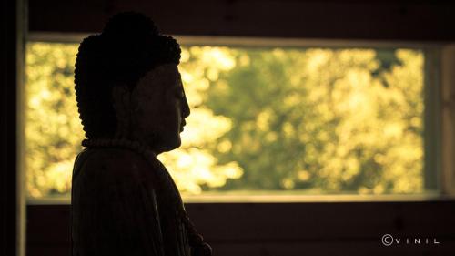 a statue of a man in front of a window at Villa Nao in Roxton Falls