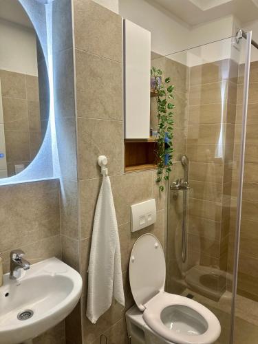 a bathroom with a toilet and a sink and a shower at Luxury Apartment Suljic in Sarajevo
