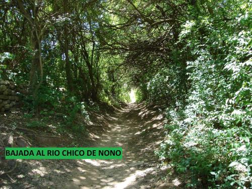 a dirt road with trees and a sign that reads bandera no chico at Cabañas La Curucucha in Nono