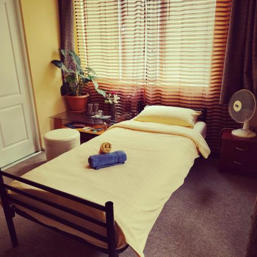 a bed with a blue box on top of it at Clara Family Room in Cluj-Napoca